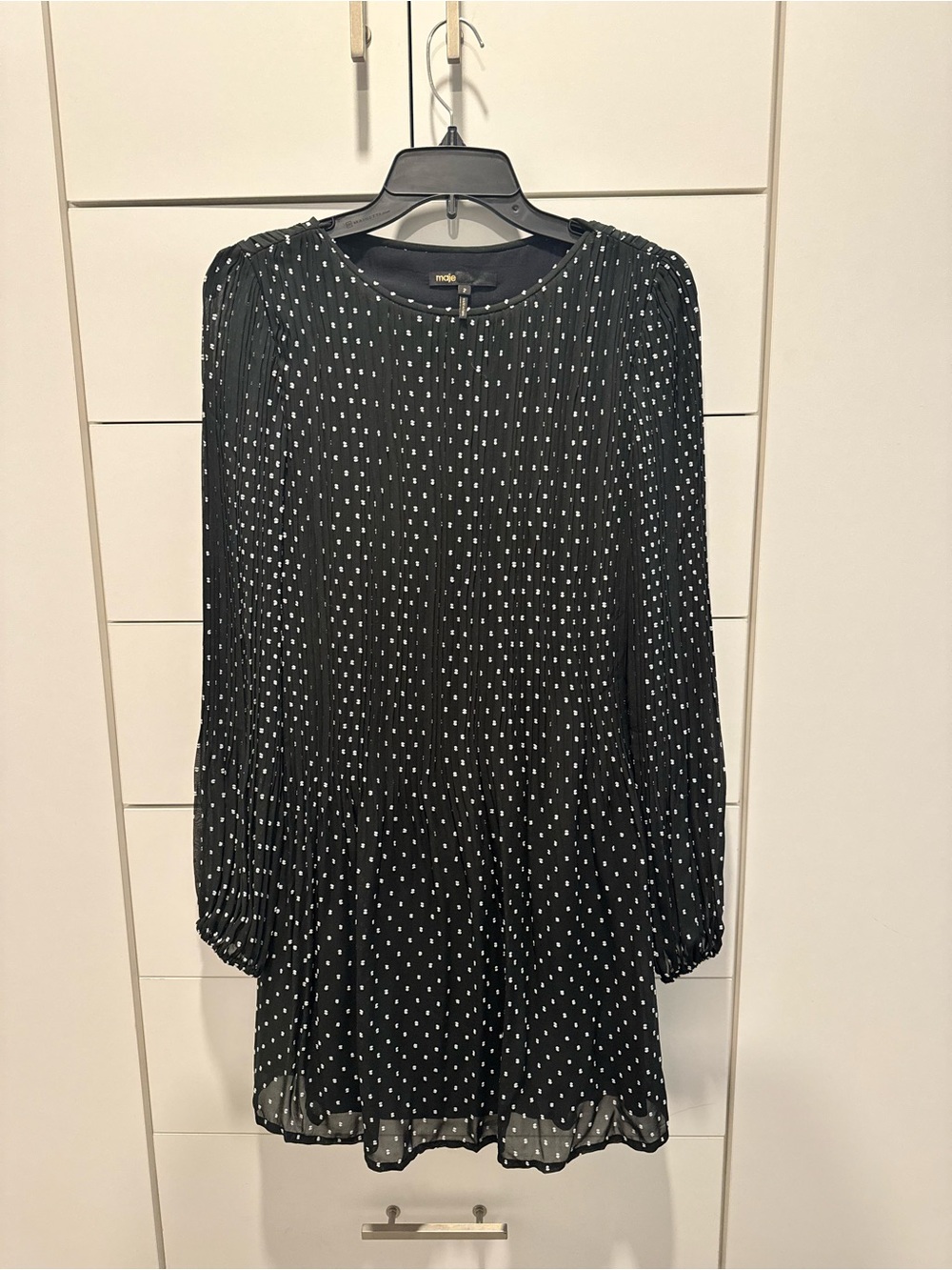 Maje Black Polka-Dot Long Sleeve Pleated Dress